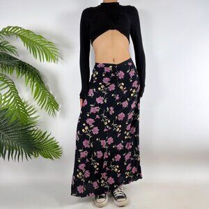 Vintage 90s Black Floral Fairycore Cottagecore Mid Rise Whimsy Maxi Skirt / 8